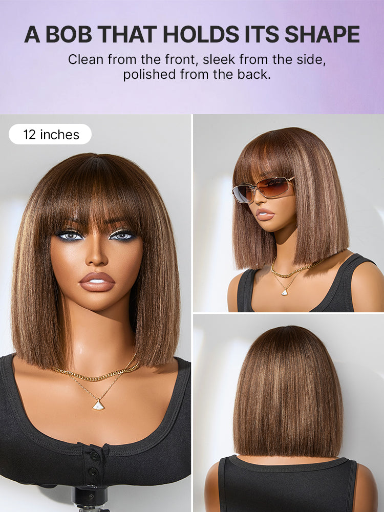Put On and Go Realistic Glueless Yaki Straight Bob with Bangs Minimalist Lace Wig 100% Human Hair