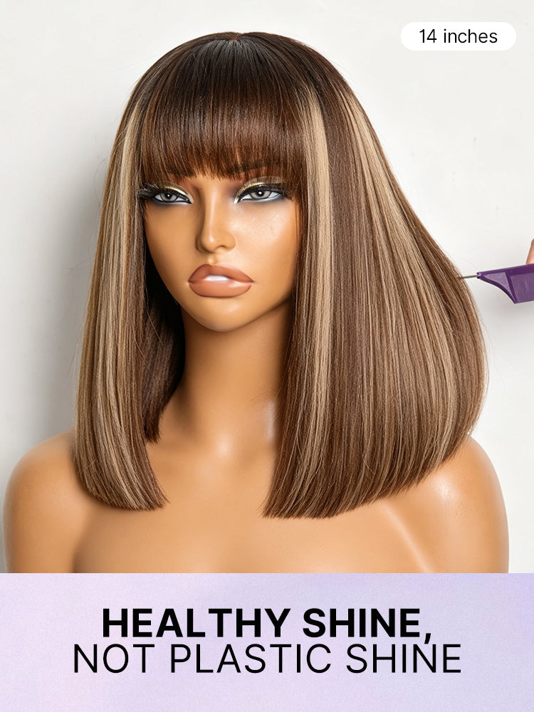 Put On and Go Realistic Glueless Yaki Straight Bob with Bangs Minimalist Lace Wig 100% Human Hair