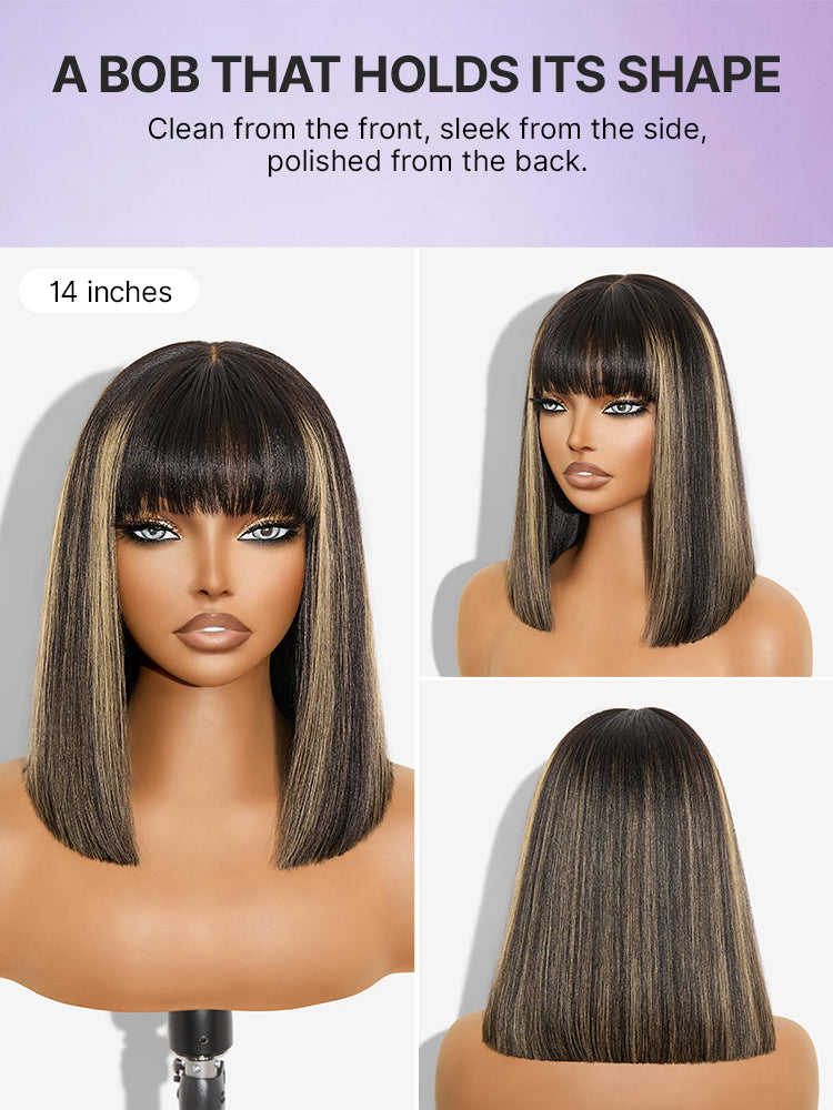 Put On and Go Realistic Glueless Yaki Straight Bob with Bangs Minimalist Lace Wig 100% Human Hair