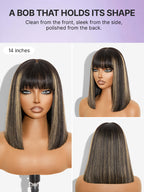 Put On and Go Realistic Glueless Yaki Straight Bob with Bangs Minimalist Lace Wig 100% Human Hair