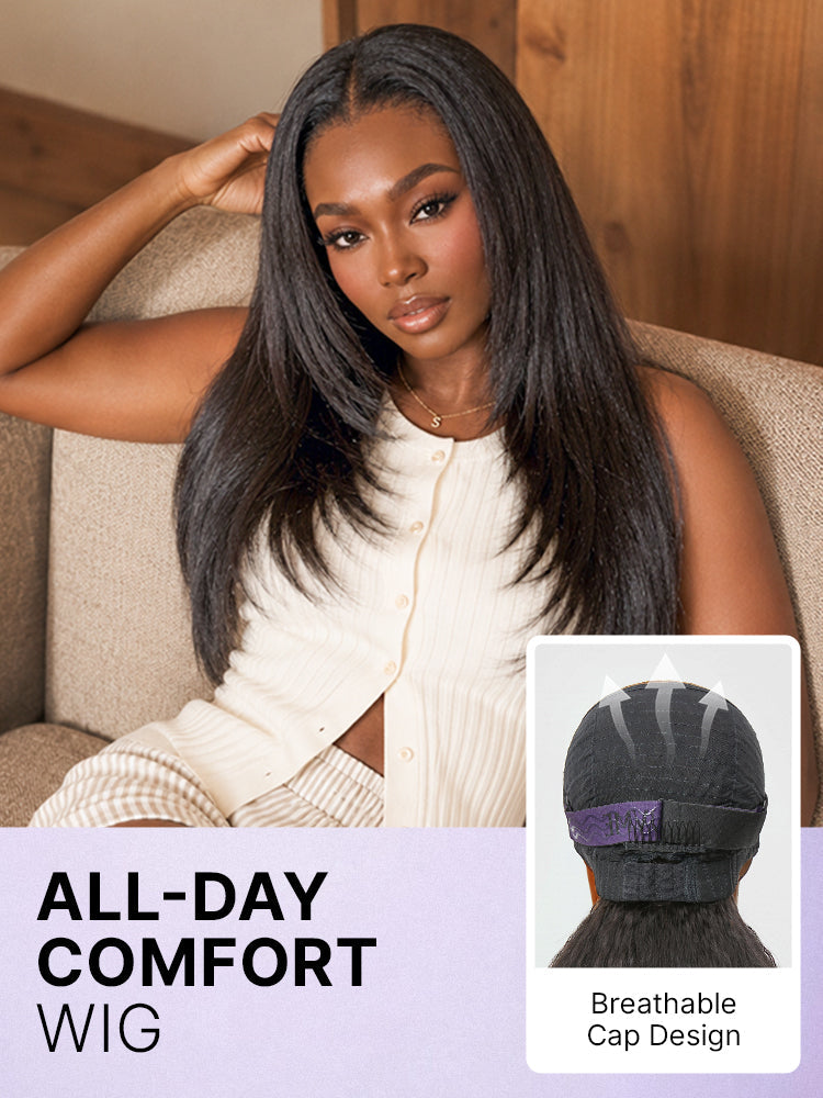 180% Density Light Kinky Straight Butterfly Cut Layered / Kinky Body Wave Glueless 7x6 Closure HD Lace Wig Pre-Cut Lace