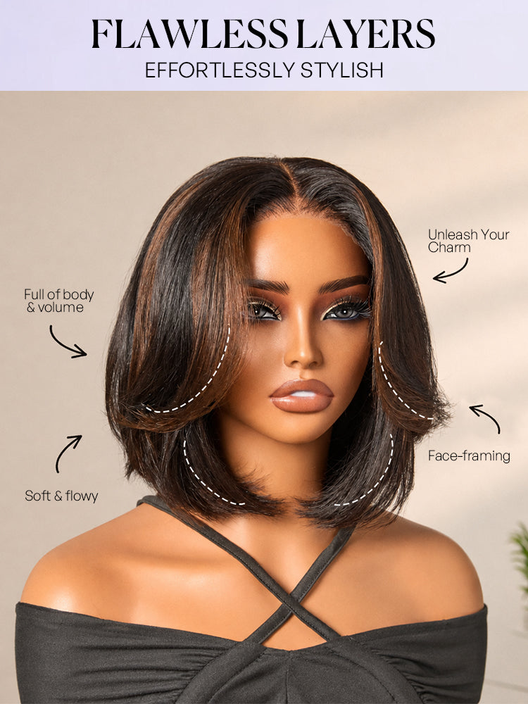 Brown Highlight Silky Short Bob Wig Layered Cut Human Hair Glueless 5x5 Closure Pre-Cut Lace Wig