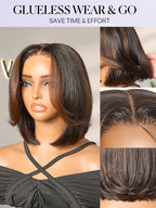 Brown Highlight Silky Short Bob Wig Layered Cut Human Hair Glueless 5x5 Closure Pre-Cut Lace Wig