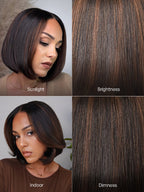 Brown Highlight Silky Short Bob Wig Layered Cut Human Hair Glueless 5x5 Closure Pre-Cut Lace Wig