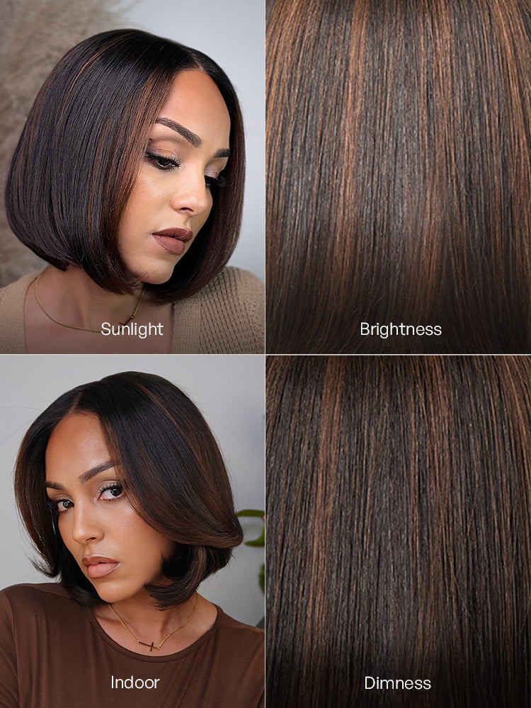 Brown Highlight Silky Short Bob Wig Layered Cut Human Hair Glueless 5x5 Closure Pre-Cut Lace Wig