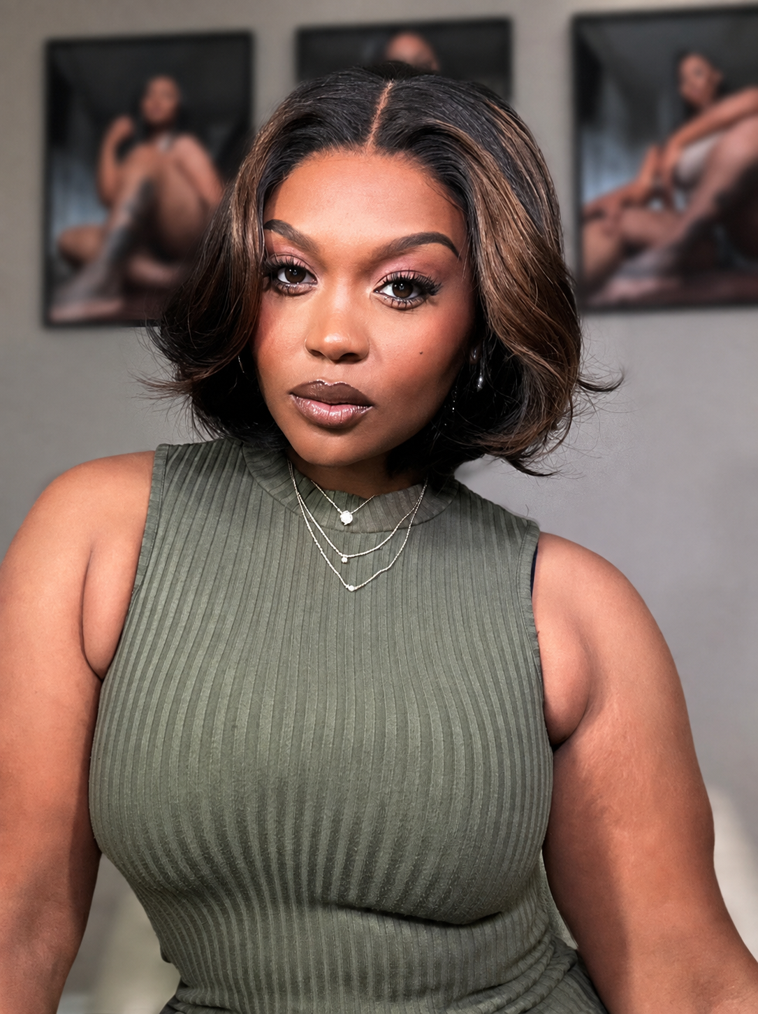 Brown Highlight Silky Short Bob Wig Layered Cut Human Hair Glueless 5x5 Closure Pre-Cut Lace Wig