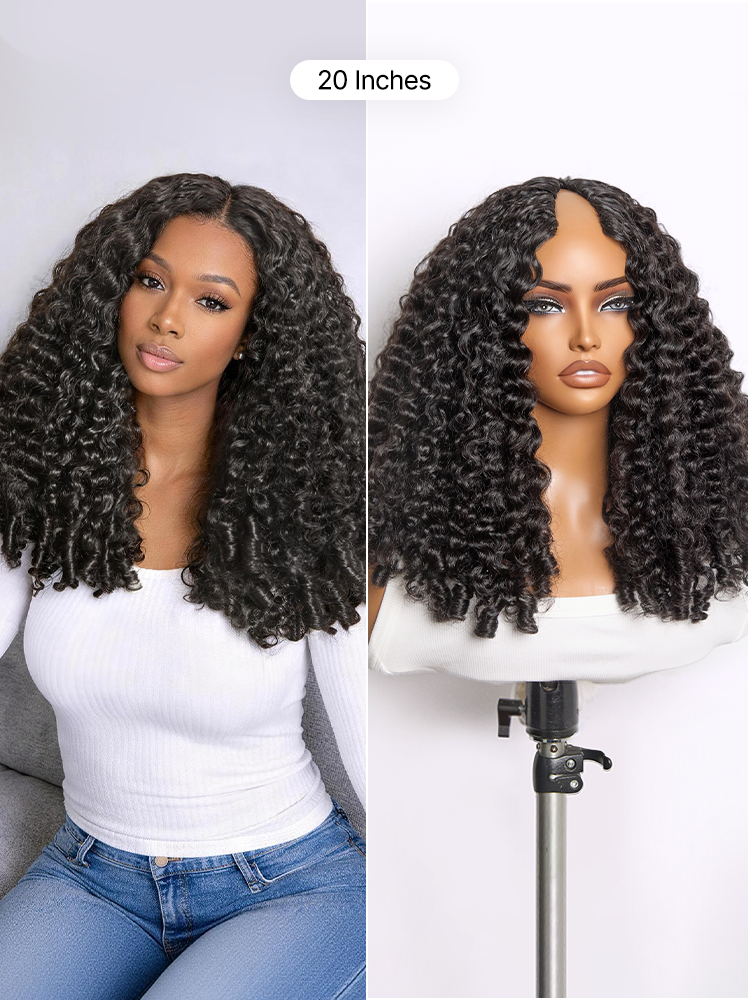 True Scalp V Part 180% Density Burmese Curly Finger Coil Ends Glueless Human Hair Wig with Flexi-Fit Drawstring