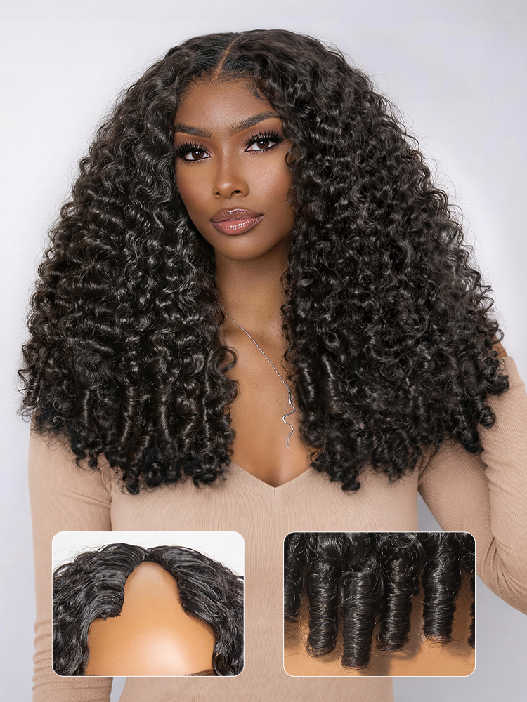 True Scalp V Part 180% Density Burmese Curly Finger Coil Ends Glueless Human Hair Wig with Flexi-Fit Drawstring