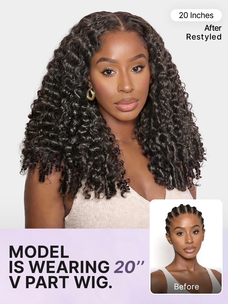 True Scalp V Part 180% Density Burmese Curly Finger Coil Ends Glueless Human Hair Wig with Flexi-Fit Drawstring