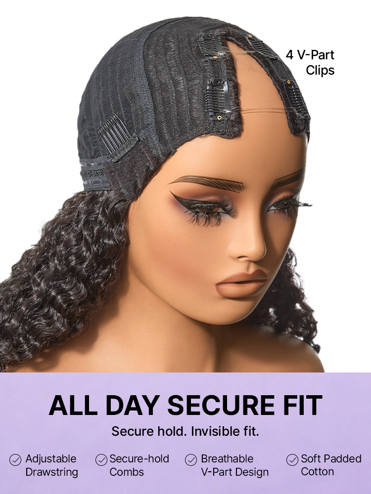 True Scalp V Part 180% Density Burmese Curly Finger Coil Ends Glueless Human Hair Wig with Flexi-Fit Drawstring