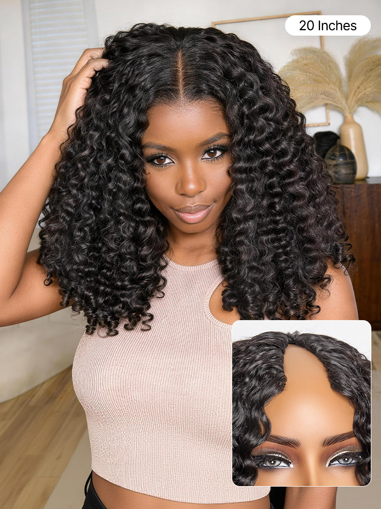 True Scalp V Part 180% Density Burmese Curly Finger Coil Ends Glueless Human Hair Wig with Flexi-Fit Drawstring