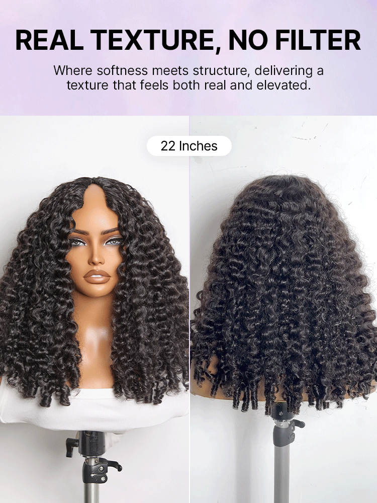 True Scalp V Part 180% Density Burmese Curly Finger Coil Ends Glueless Human Hair Wig with Flexi-Fit Drawstring