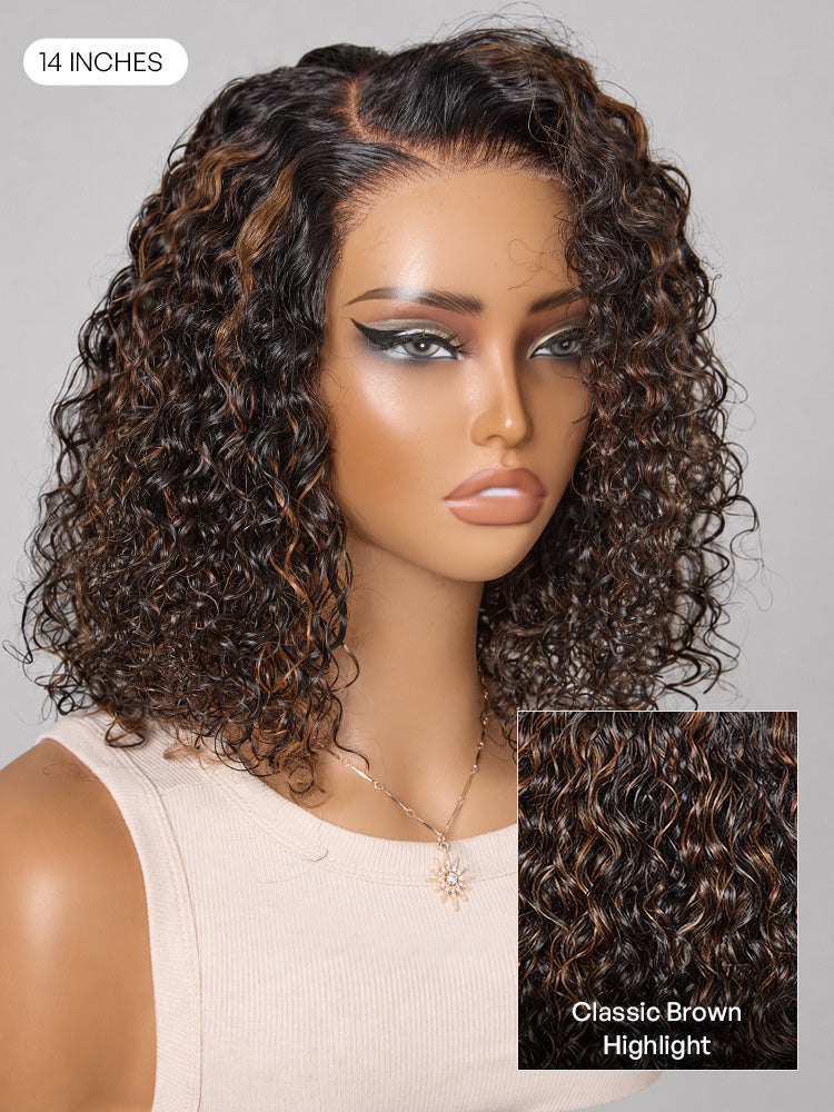 Wet and Wavy Brown Highlight Glueless 5x5 Closure Pre-Cut Lace Water Wave Wig