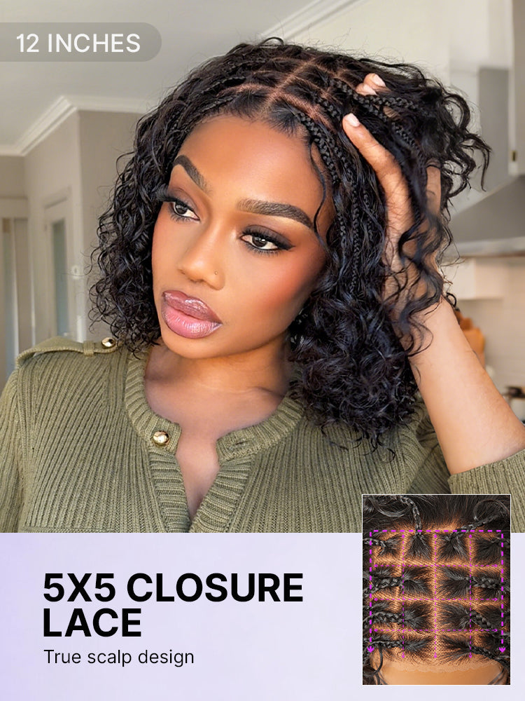 Readitress™ Boho Braids Deep Curly Glueless 5x5 Closure Lace with Braided Top Human Hair Wig Pre-Cut Lace