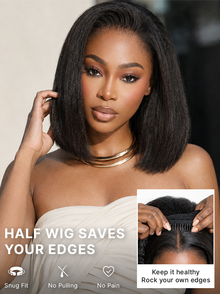 3-In-1 Half Wig 180% Density Kinky Straight Bob Glueless Flexi-Fit Drawstring Wig