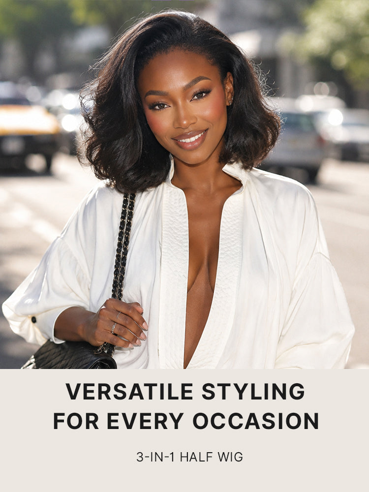 3-In-1 Half Wig 180% Density Kinky Straight Bob Glueless Flexi-Fit Drawstring Wig