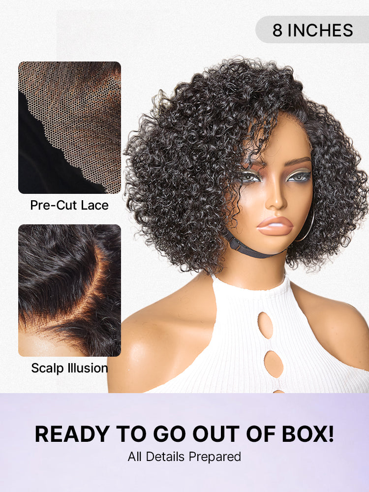 Trendy Short Cut Curly Minimalist HD Lace Glueless Side Part Wig 100% Human Hair Pre-Cut Lace