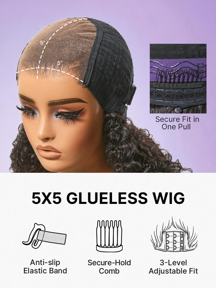 Beginner Friendly 200% Density Kinky Curly with Bangs Glueless 5x5 Closure Pre-Cut Lace Wig All Head Sizes Fit Cap