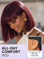 Reddish Purple Realistic Glueless Yaki Straight Bob with Bangs Minimalist Lace Bob Wig All-Day Comfort Cap