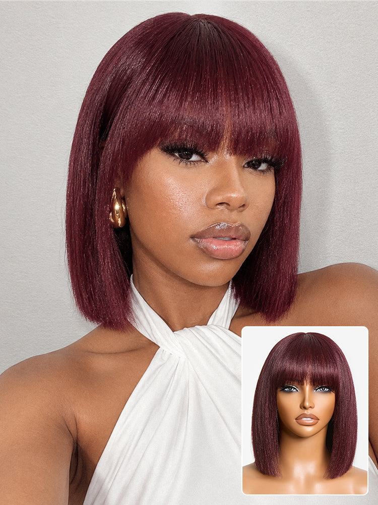Reddish Purple Realistic Glueless Yaki Straight Bob with Bangs Minimalist Lace Bob Wig All-Day Comfort Cap