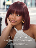 Reddish Purple Realistic Glueless Yaki Straight Bob with Bangs Minimalist Lace Bob Wig All-Day Comfort Cap
