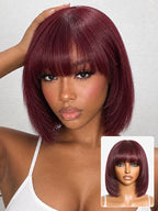 Reddish Purple Realistic Glueless Yaki Straight Bob with Bangs Minimalist Lace Bob Wig All-Day Comfort Cap