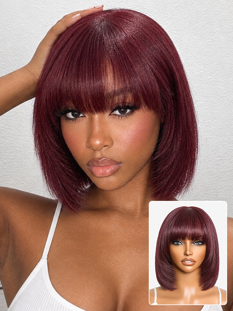 Put On and Go Reddish Purple Layered Cut Yaki Straight Minimalist Lace Bob Wig with Bangs All-Day Comfort Cap