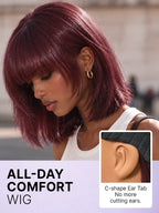 Put On and Go Reddish Purple Layered Cut Yaki Straight Minimalist Lace Bob Wig with Bangs All-Day Comfort Cap