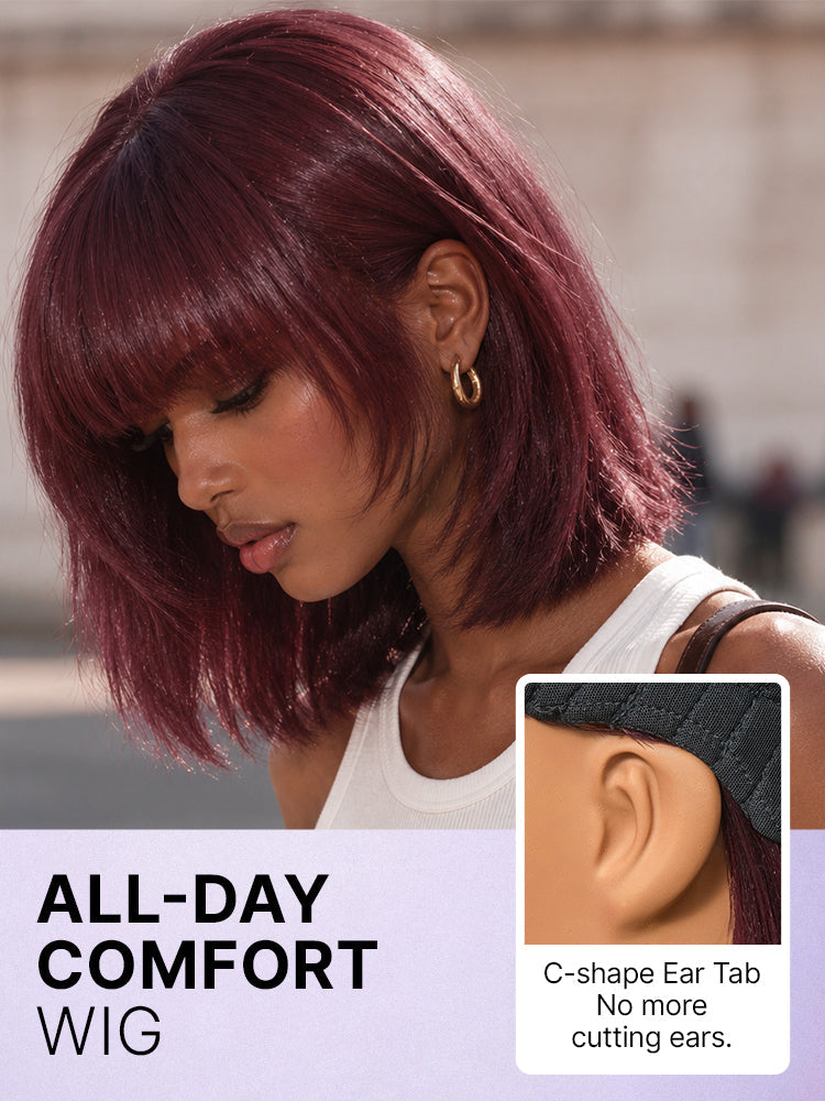 Put On and Go Reddish Purple Layered Cut Yaki Straight Minimalist Lace Bob Wig with Bangs All-Day Comfort Cap
