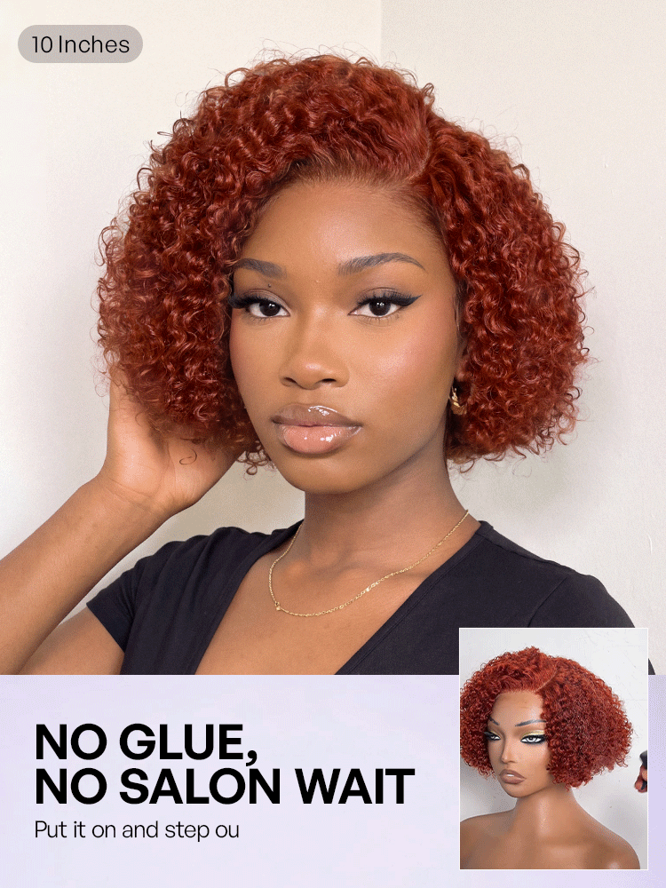 Trendy Copper Red Glueless Minimalist HD Lace Curly Bob Wig Pre-Cut Lace