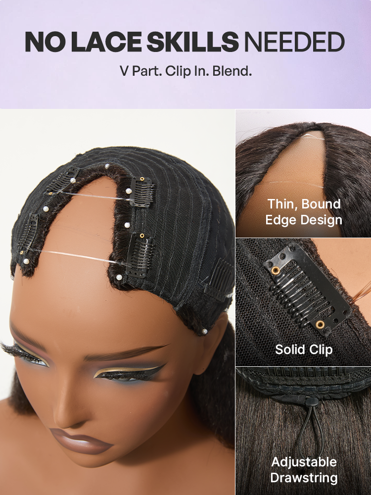 250% Density Kinky Straight Glueless V Part Wig 100% Human Hair with Flexi‑Fit Drawstring