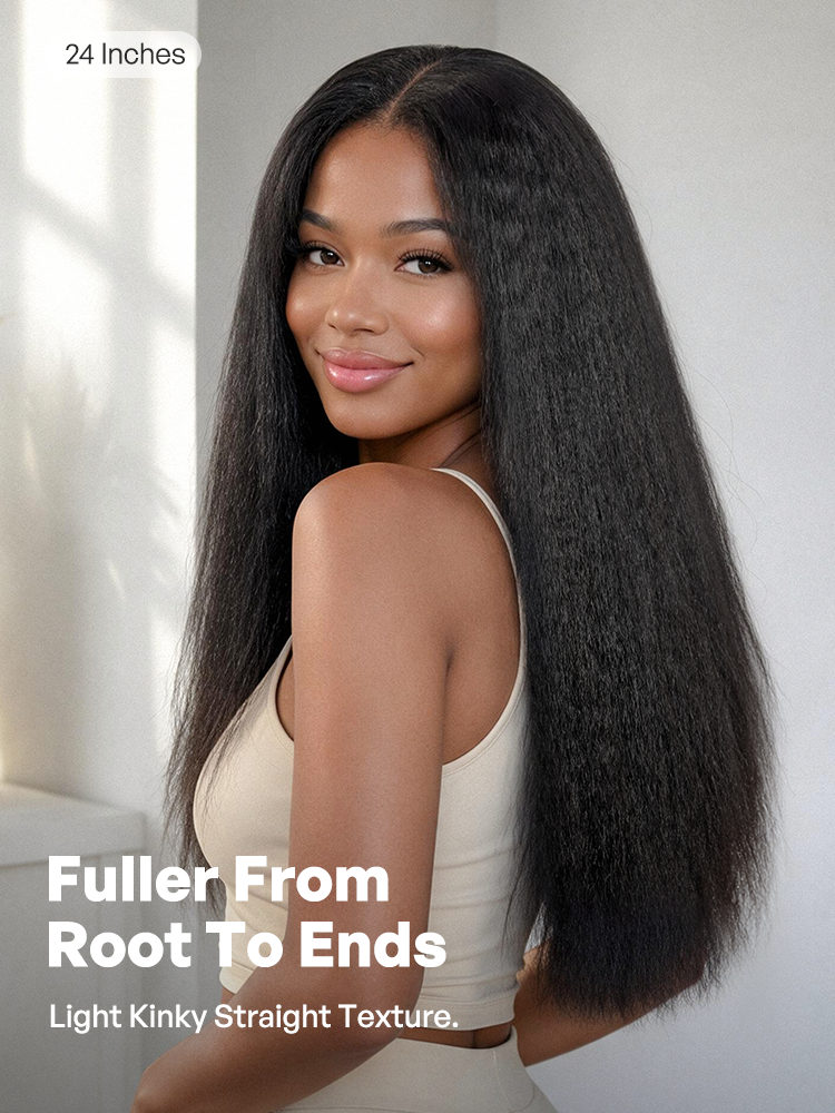 250% Density Kinky Straight Glueless V Part Wig 100% Human Hair with Flexi‑Fit Drawstring