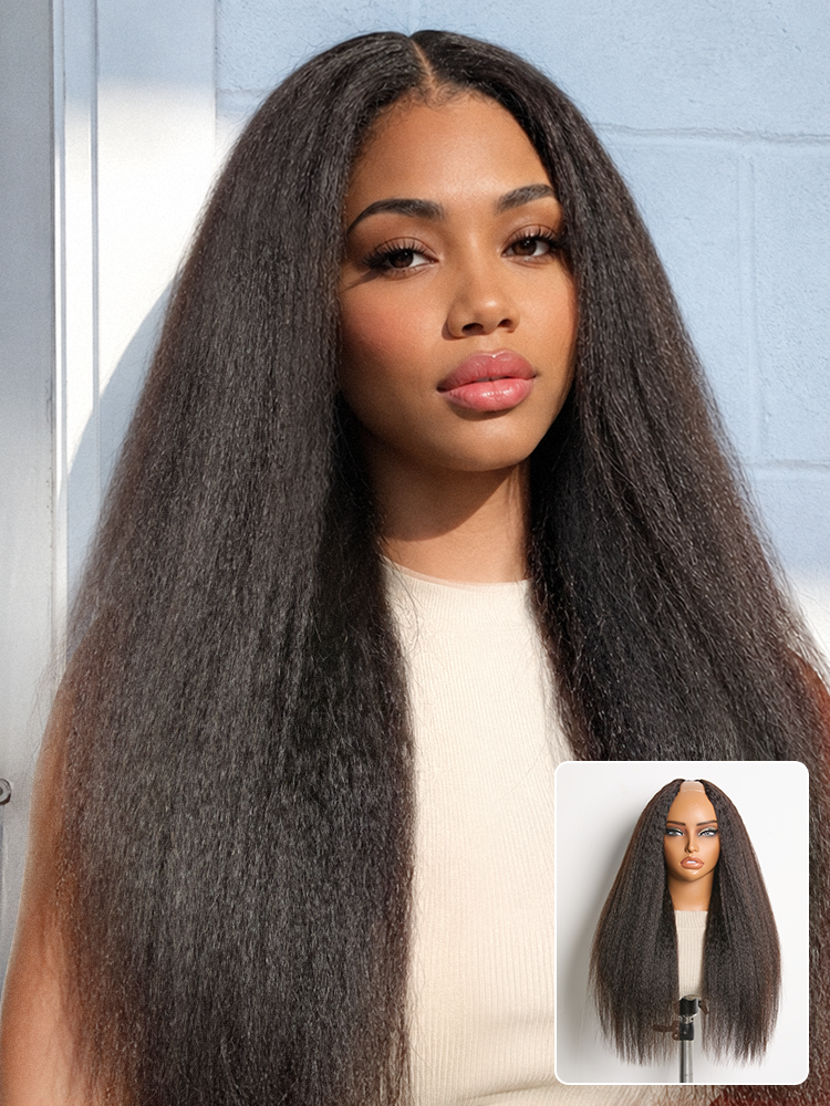 250% Density Kinky Straight Glueless V Part Wig 100% Human Hair with Flexi‑Fit Drawstring