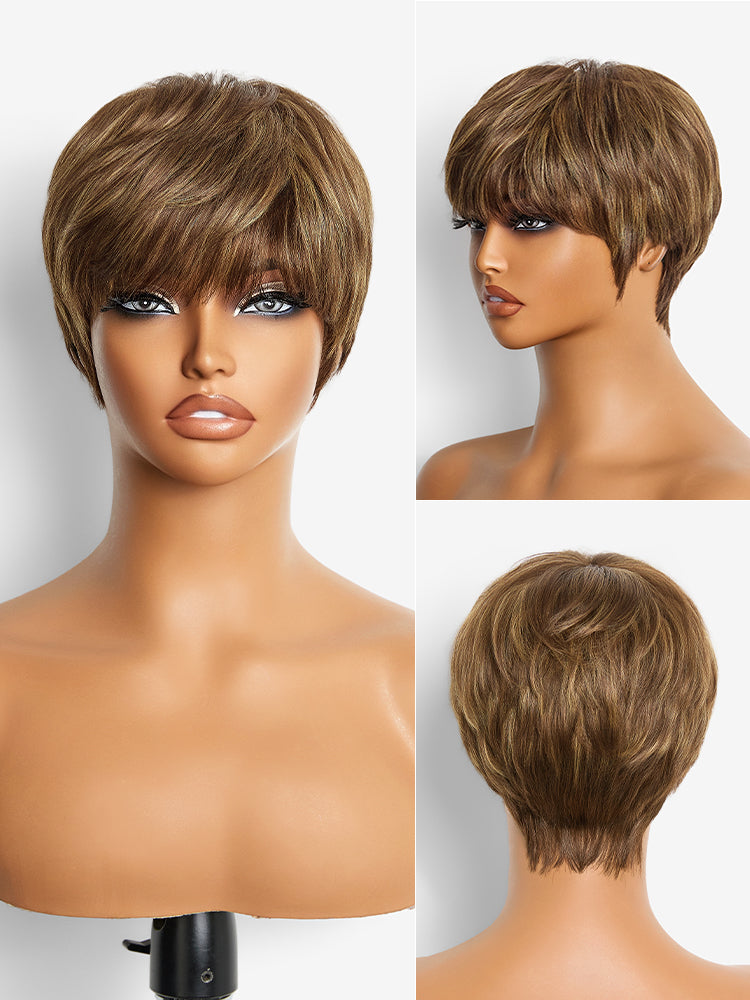 Throw On & Go Short Cut with Bangs Wig Ultra Comfort Skin-Like Soft Care Glueless Wig Hair Loss Friendly