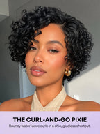 Natural Black / Brown Highlight Water Wave Pixie Cut Glueless Minimalist HD Lace Short Curly Wig