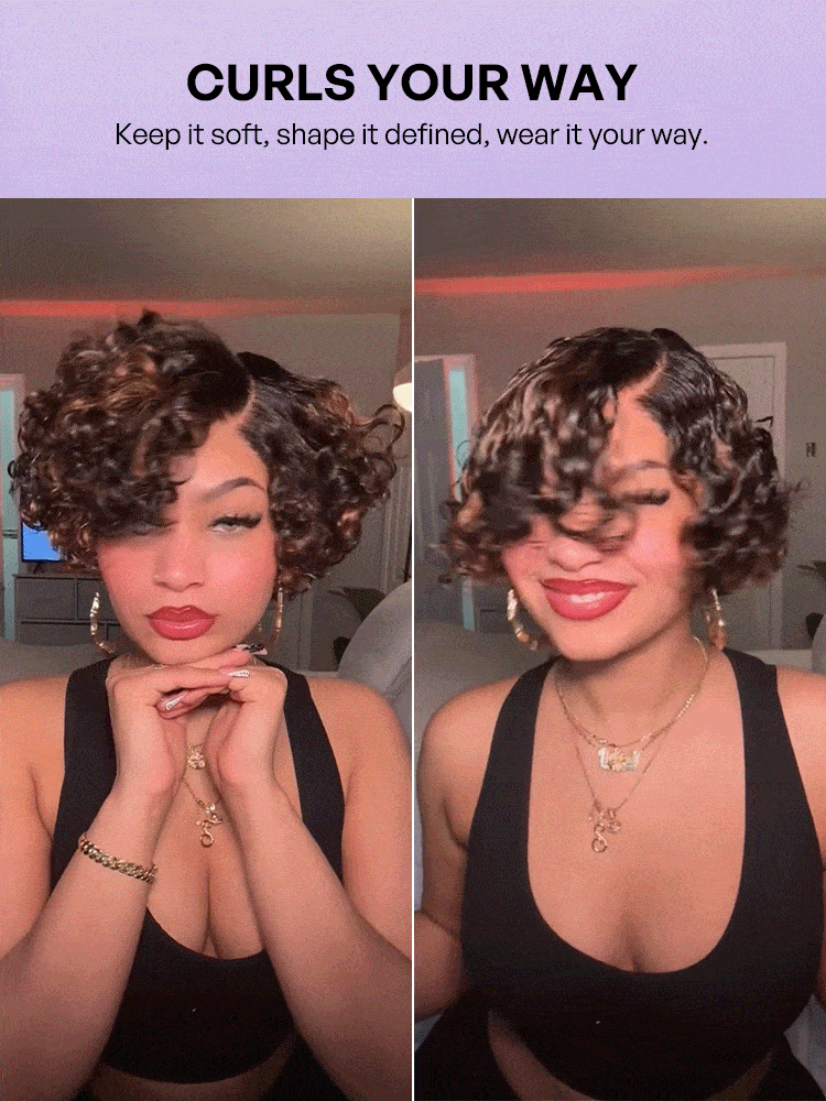 Natural Black / Brown Highlight Water Wave Pixie Cut Glueless Minimalist HD Lace Short Curly Wig