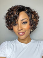 Natural Black / Brown Highlight Water Wave Pixie Cut Glueless Minimalist HD Lace Short Curly Wig