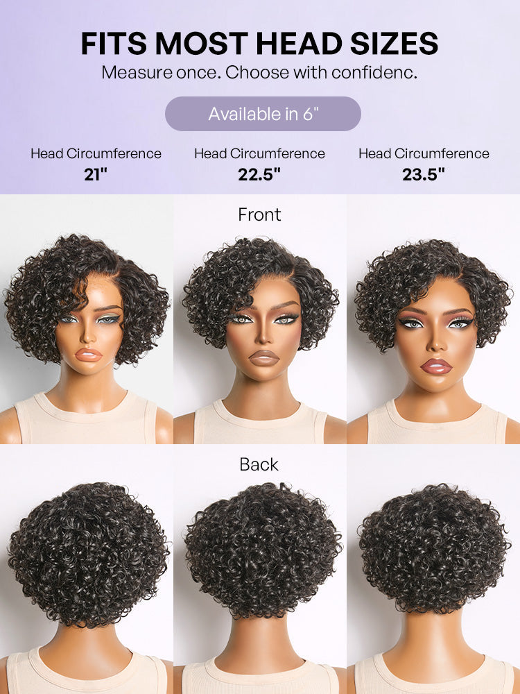 Natural Black / Brown Highlight Water Wave Pixie Cut Glueless Minimalist HD Lace Short Curly Wig