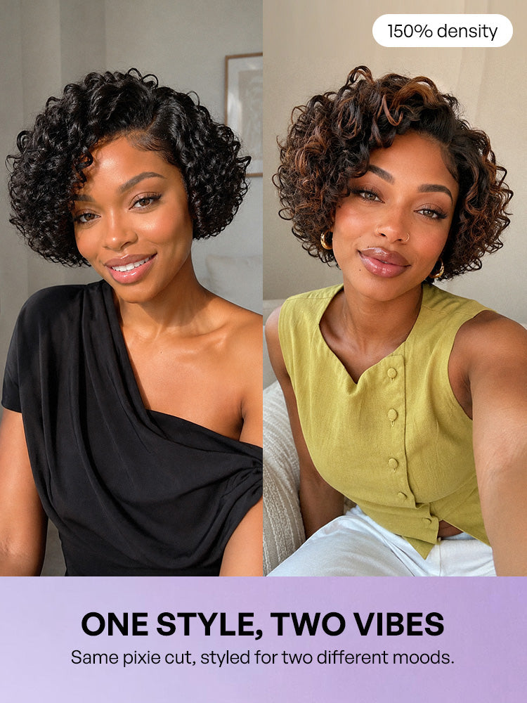 Natural Black / Brown Highlight Water Wave Pixie Cut Glueless Minimalist HD Lace Short Curly Wig