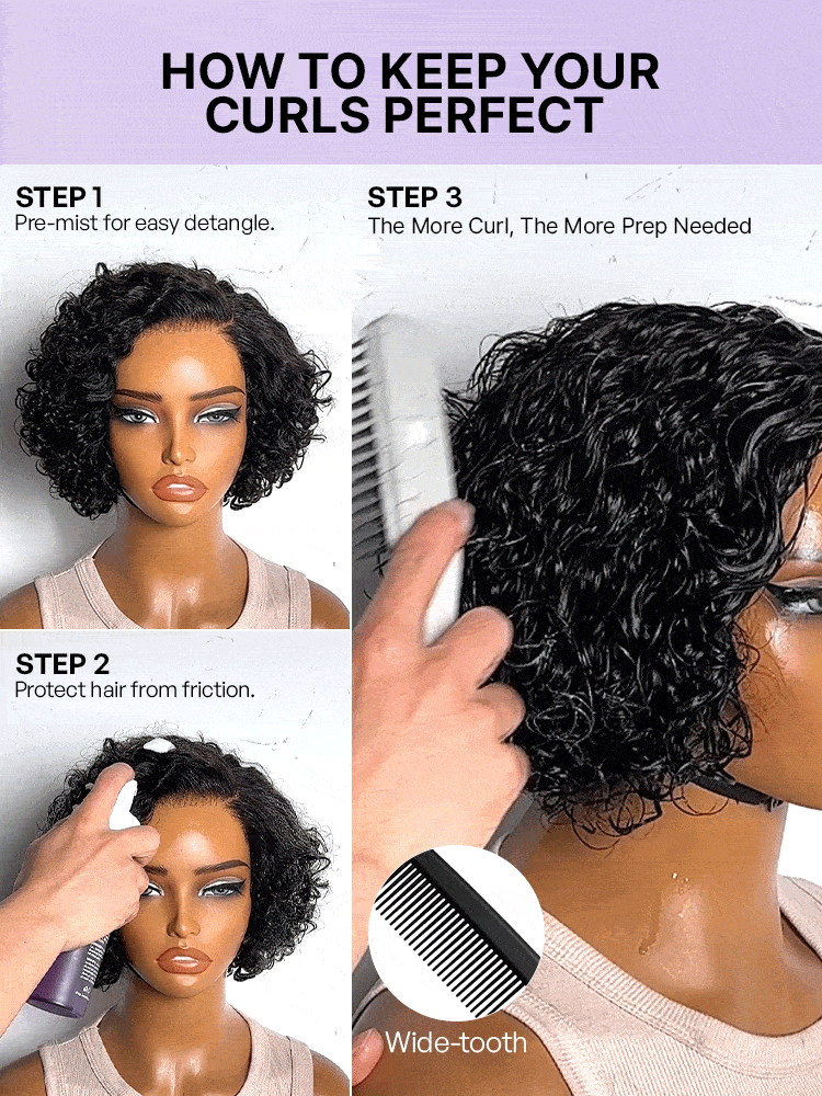 Natural Black / Brown Highlight Water Wave Pixie Cut Glueless Minimalist HD Lace Short Curly Wig