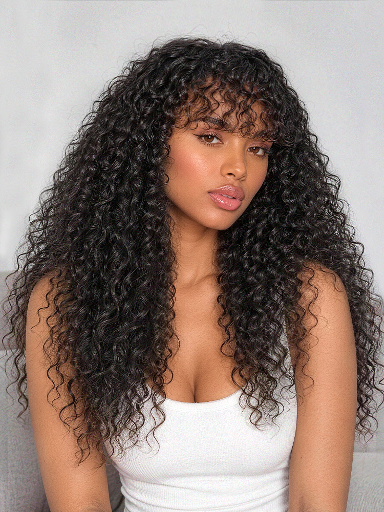 Beginner Friendly 200% Density Kinky Curly with Bangs Glueless 5x5 Closure Pre-Cut Lace Wig All Head Sizes Fit Cap
