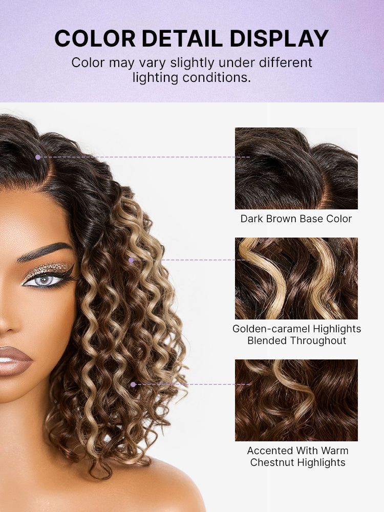 Ready to Go Blonde Highlight / Natural Black / Ombre Brown Water Wave Short Curly Bob Wig Glueless Minimalist HD Lace Wig Pre-Cut Lace