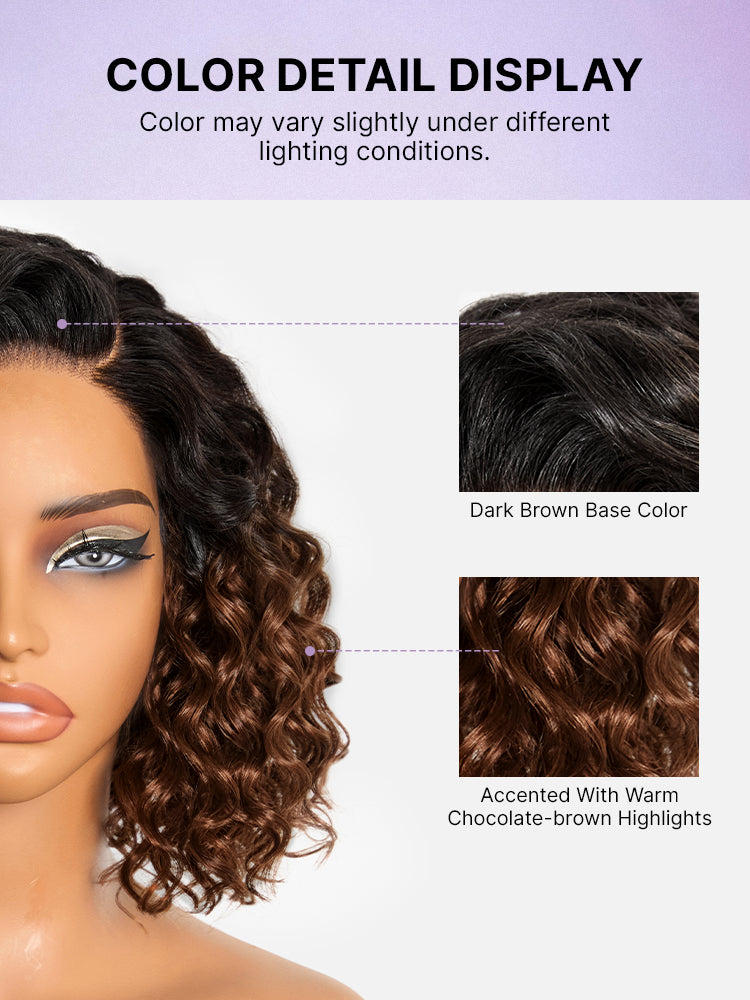 Ready to Go Blonde Highlight / Natural Black / Ombre Brown Water Wave Short Curly Bob Wig Glueless Minimalist HD Lace Wig Pre-Cut Lace