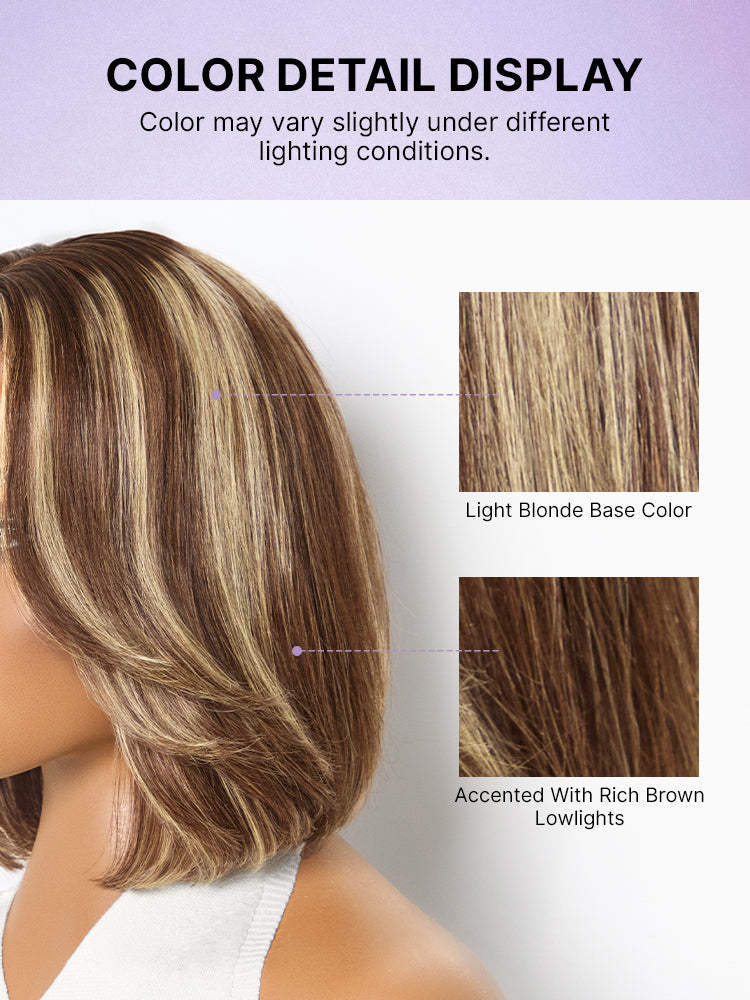 Blonde Highlight / Brown Highlight Short Layered Bob Wig Glueless 5x5 Closure Pre-Cut Lace Wig