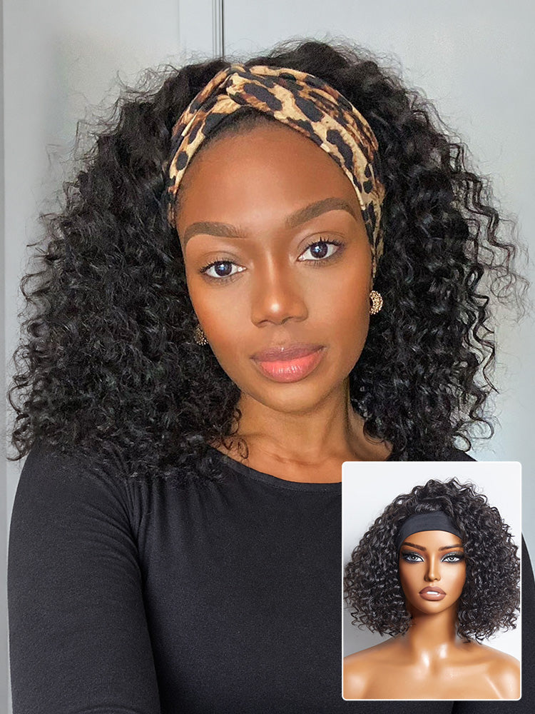 Deep Wave Glueless Curly Bob Wig Headband Wig 100% Human Hair (Get Free Trendy Headbands)