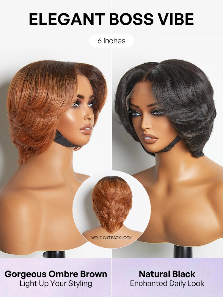 1 SEC INSTALL WIG | Elegant Boss Vibe Short Pixie Cut Natural Black / Ombre Brown Glueless Minimalist HD Lace Wig Pre Cut Lace