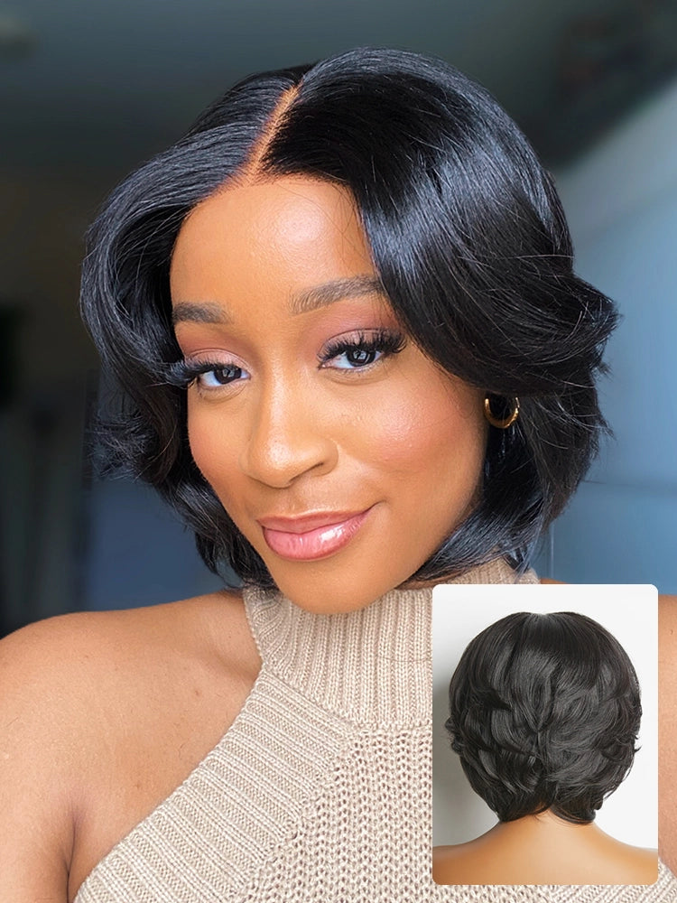 1 SEC INSTALL WIG | Elegant Boss Vibe Short Pixie Cut Natural Black / Ombre Brown Glueless Minimalist HD Lace Wig Pre Cut Lace