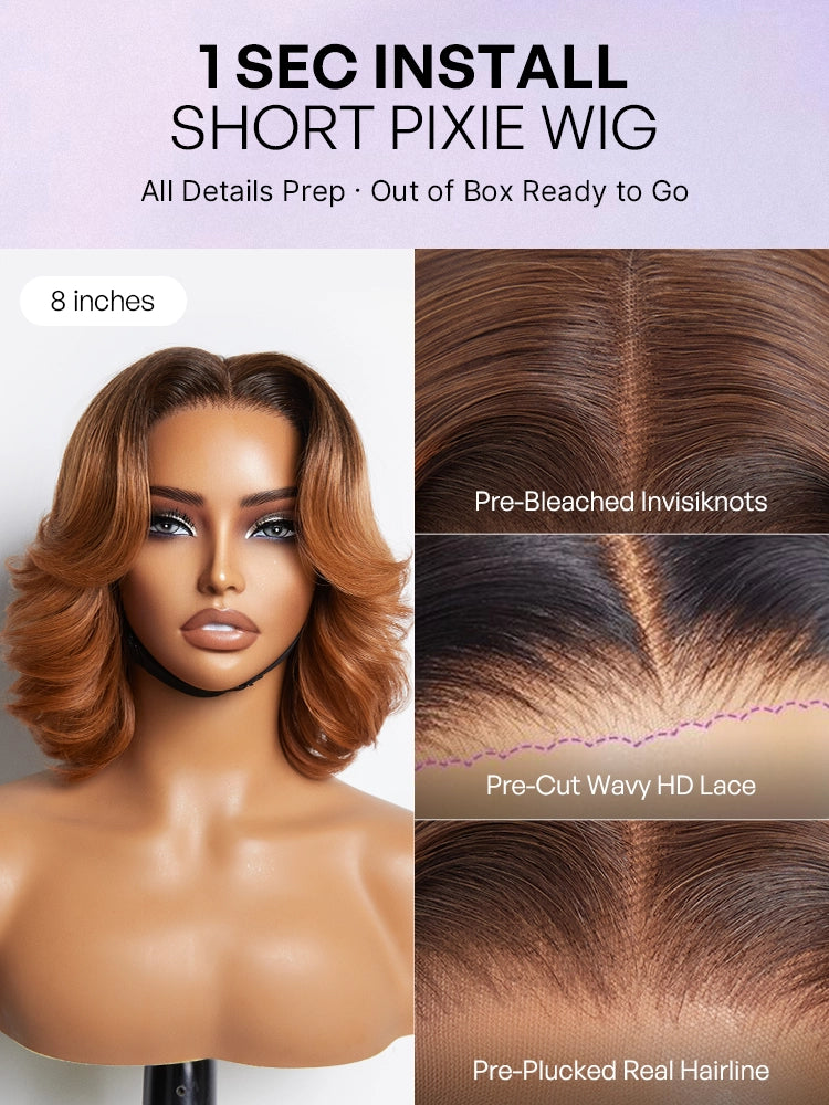 1 SEC INSTALL WIG | Elegant Boss Vibe Short Pixie Cut Natural Black / Ombre Brown Glueless Minimalist HD Lace Wig Pre Cut Lace