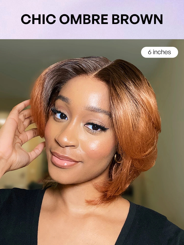 1 SEC INSTALL WIG | Elegant Boss Vibe Short Pixie Cut Natural Black / Ombre Brown Glueless Minimalist HD Lace Wig Pre Cut Lace