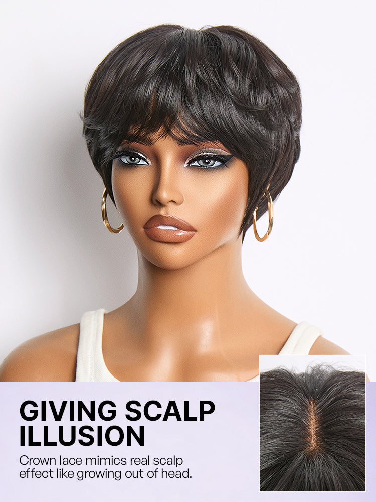 Throw On & Go Natural Black Pixie Cut with Bangs Glueless Minimalist Lace Wig